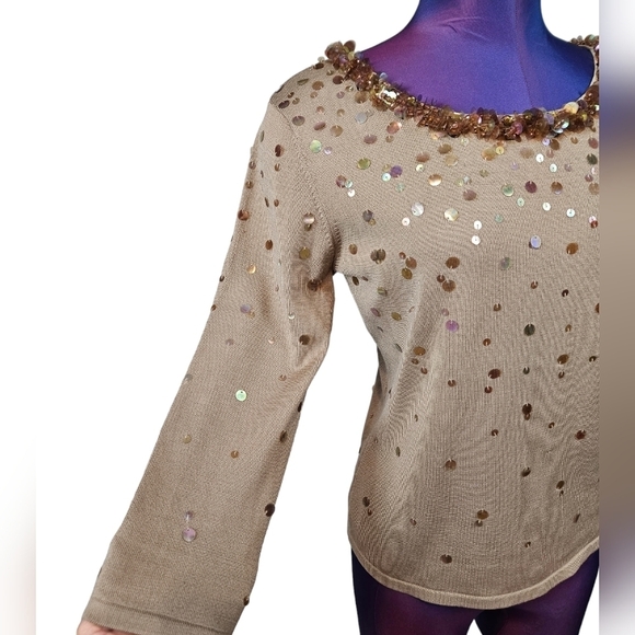 Talbots Taupe Silk Blend Sequin‎ 3/4 Sleeve Blouse Size Small Women's - Picture 4 of 8